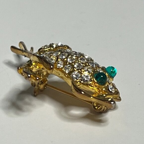 Clear Green Rhinestones Gold Tone Leaping Frog Brooch Pin 1.25" - Picture 2 of 14